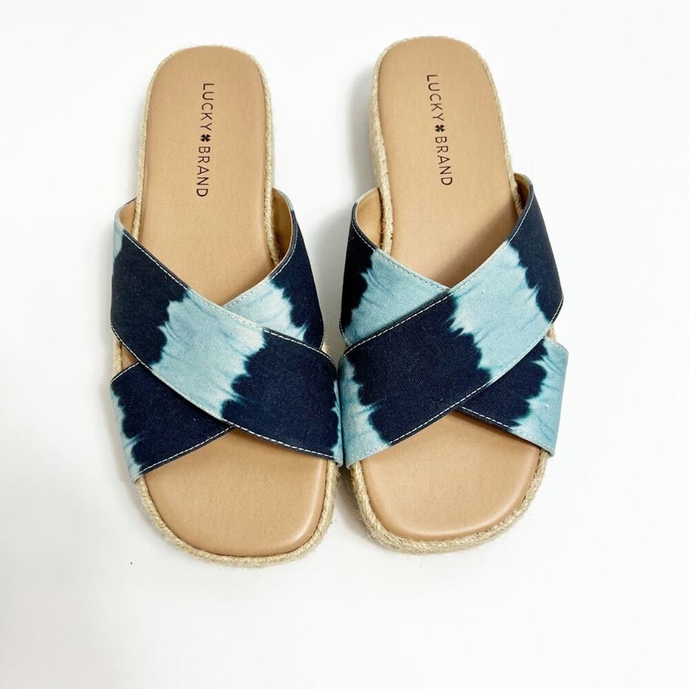 LUCKY BRAND GAYTE WOMEN'S PLATFORM SLIDE DARK DENIM TIE DYE SANDALS SIZE 7.5 NEW